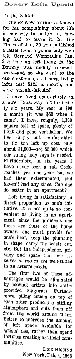 dick higgins letter to the editor about rent